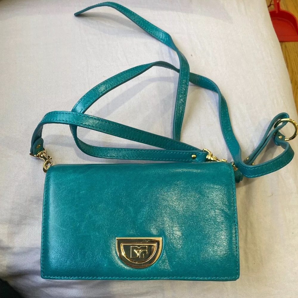 Diane Von Furstenberg Teal Leather Crossbody Bag with Gold Hardware